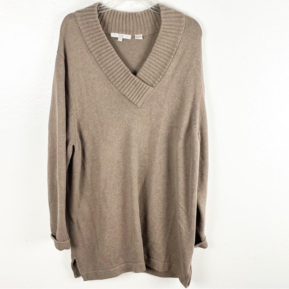 PRIA Woman Tan V-Neck Long Sleeves Sweater Size 2X Casual Neutral Cozy Winter